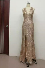 Sexy Leg Split Open Back Mermaid Sequins Evening Prom Dress