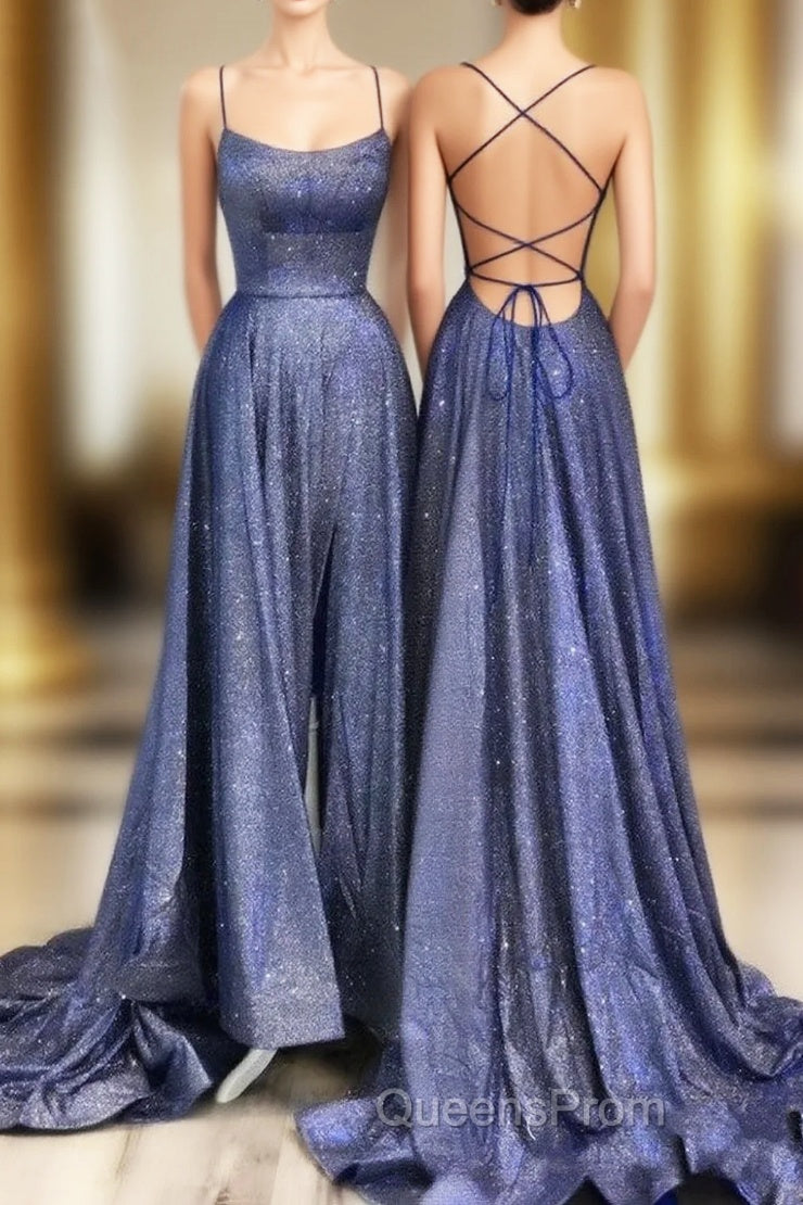 Sexy Long A-line Spaghetti Straps Backless Ruffles Evening Prom Dress with Slit Main image