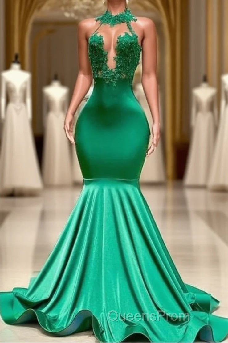 Sexy Long Green Lace Evening Prom Dress Open Back Mermaid Halter Dress Main image