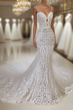 Sexy Long Mermaid V-neck Spaghetti Straps Appliques Lace Wedding Dress