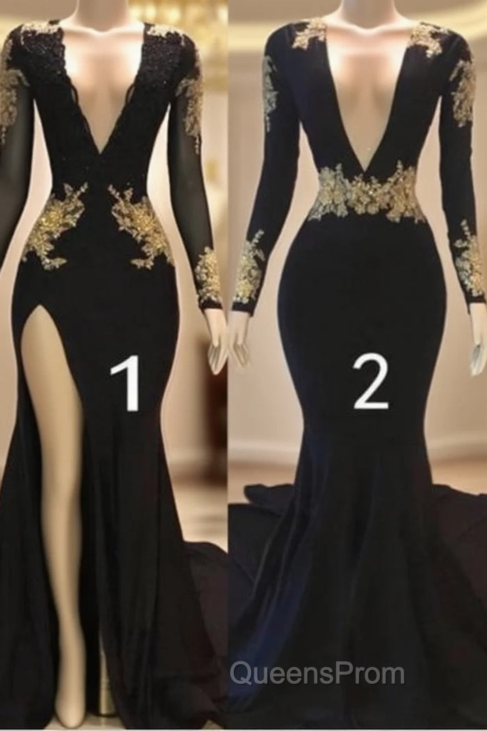 Sexy Long Sleeve Black Gold Evening Prom Dress V Neck Appliques Formal Dress