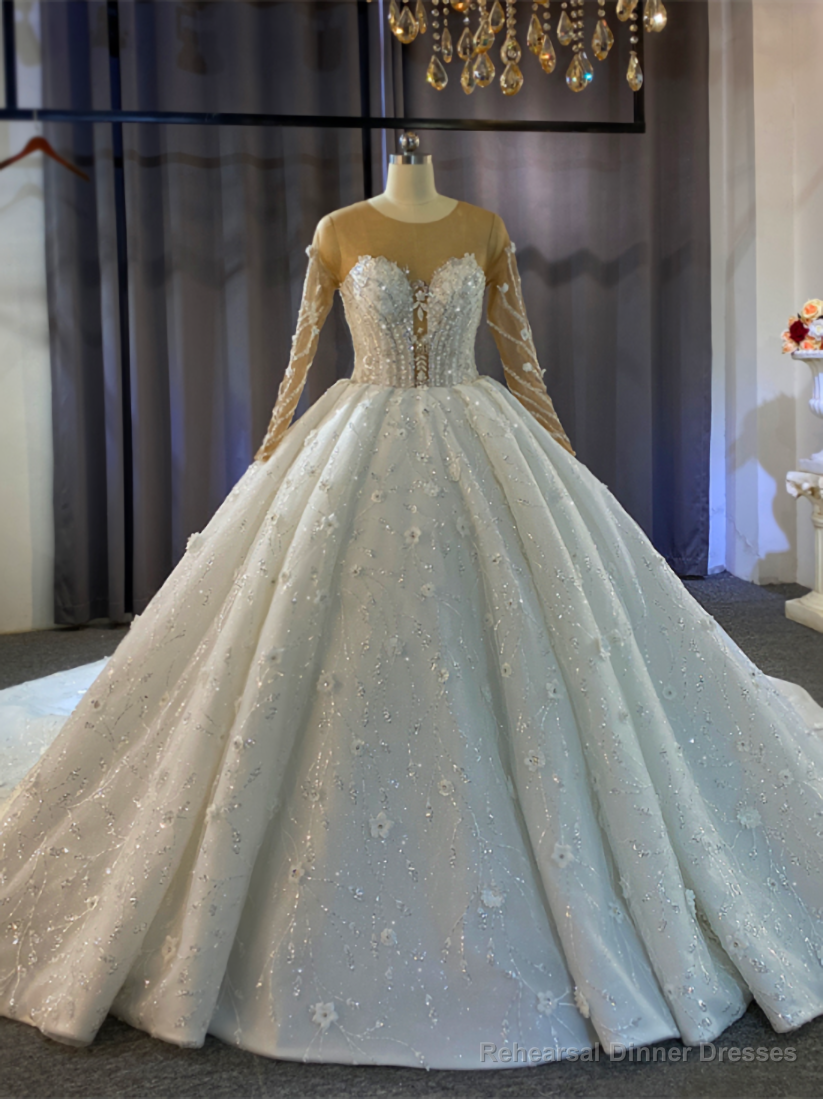 Sexy Long Sleeve Sequins Beading Flower Wedding Dress Main image