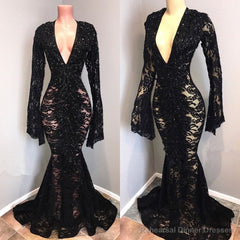 Sexy Long Sleeves Black Mermaid Prom Dress Lace V-neck Long