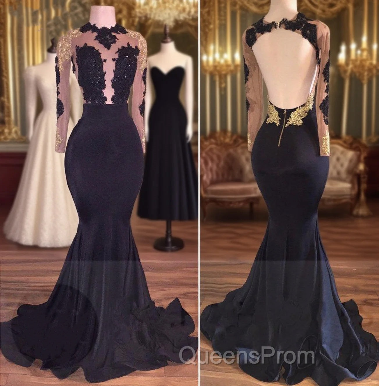 Sexy Mermaid Black Gold Long-Sleeve Evening Prom Dress Main image