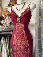 Sexy Mermaid Spaghetti Straps Red Lace Classy Prom Dress Long Party Dress