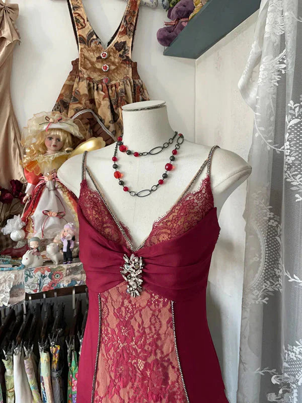 Sexy Mermaid Spaghetti Straps Red Lace Classy Prom Dress Long Party Dress
