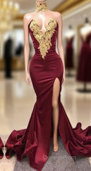 Sexy Mermaid Front-Split Lace High Neck Burgundy Evening Prom Dress