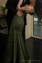 Sexy Mermaid Green Party Dresses Satin Long Prom Dresses