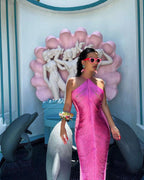 Sexy Mermaid Halter Hot Pink Long Classy Prom Dress
