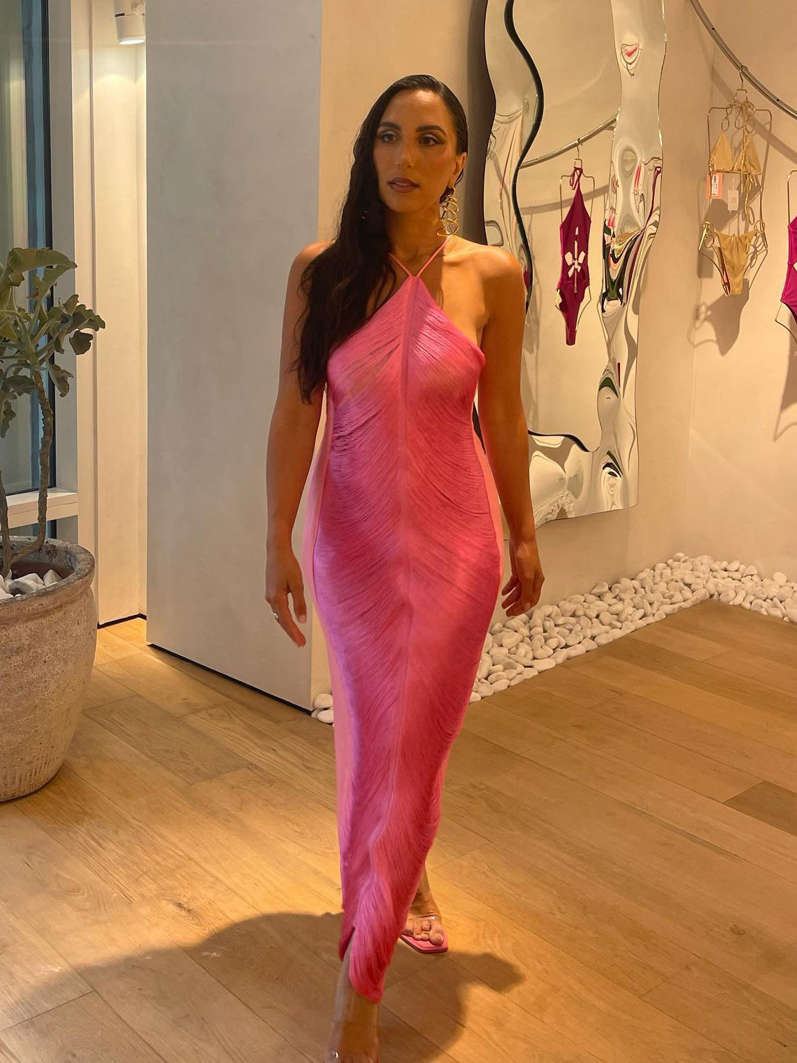 Sexy Mermaid Halter Hot Pink Long Classy Prom Dress