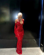 Sexy Mermaid Halter Red Sequin Long Classy Prom Dress With Gloves
