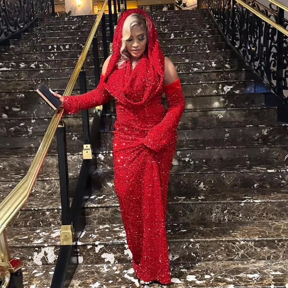 Sexy Mermaid Halter Red Sequin Long Classy Prom Dress With Gloves