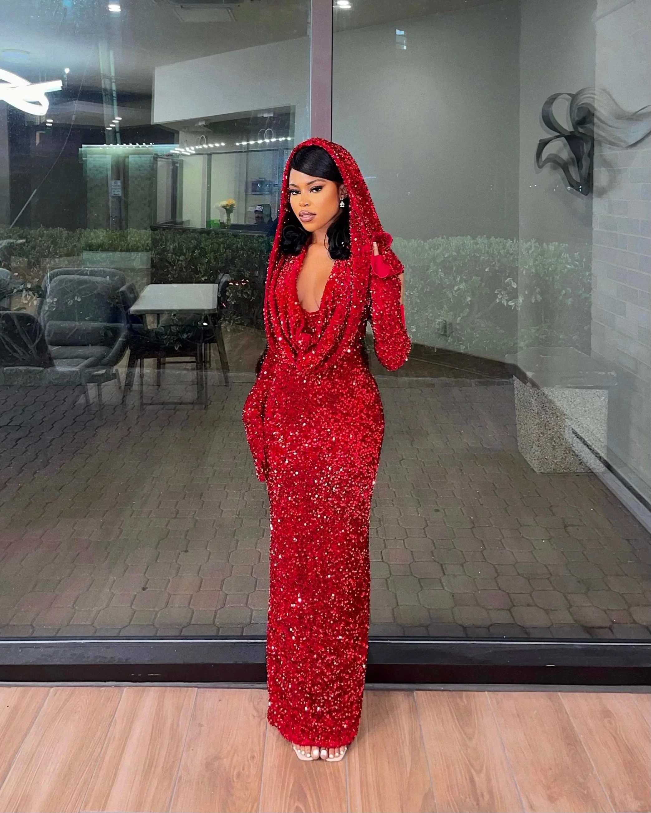 Sexy Mermaid Halter Red Sequin Long Classy Prom Dress With Gloves