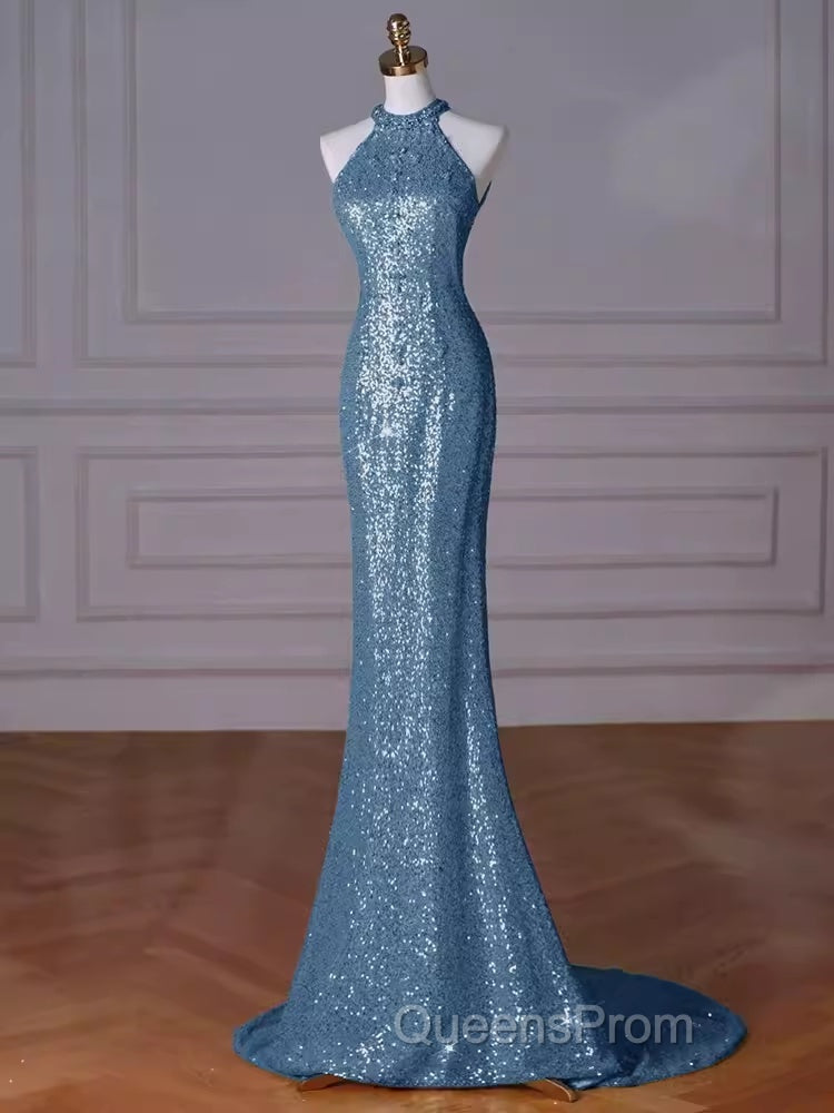 Sexy Mermaid Halter Sequin Blue Floor Length Evening Prom Dress Secondary image