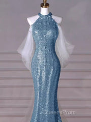 Sexy Mermaid Halter Sequin Blue Floor Length Evening Prom Dress