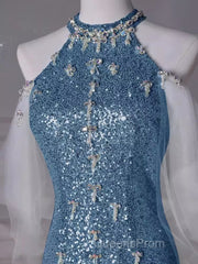 Sexy Mermaid Halter Sequin Blue Floor Length Evening Prom Dress