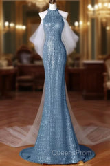 Sexy Mermaid Halter Sequin Blue Floor Length Evening Prom Dress