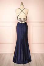 Sexy Mermaid Halter Sleeveless Navy Blue Long Classy Prom Dress