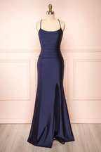 Sexy Mermaid Halter Sleeveless Navy Blue Long Classy Prom Dress
