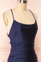 Sexy Mermaid Halter Sleeveless Navy Blue Long Classy Prom Dress