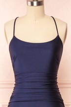 Sexy Mermaid Halter Sleeveless Navy Blue Long Classy Prom Dress
