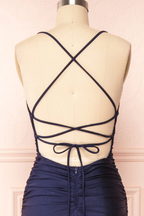 Sexy Mermaid Halter Sleeveless Navy Blue Long Classy Prom Dress