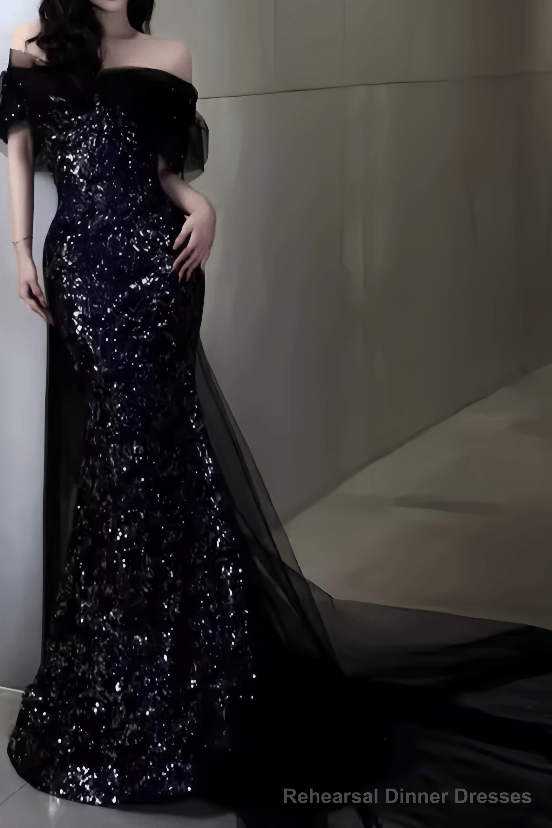Sexy Mermaid Long Black Sequin Prom Dresses With Cap Sleeves Long Prom Dress Secondary image