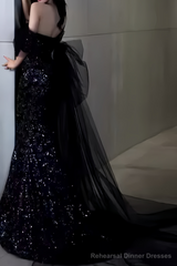 Sexy Mermaid Long Black Sequin Prom Dresses With Cap Sleeves Long Prom Dress