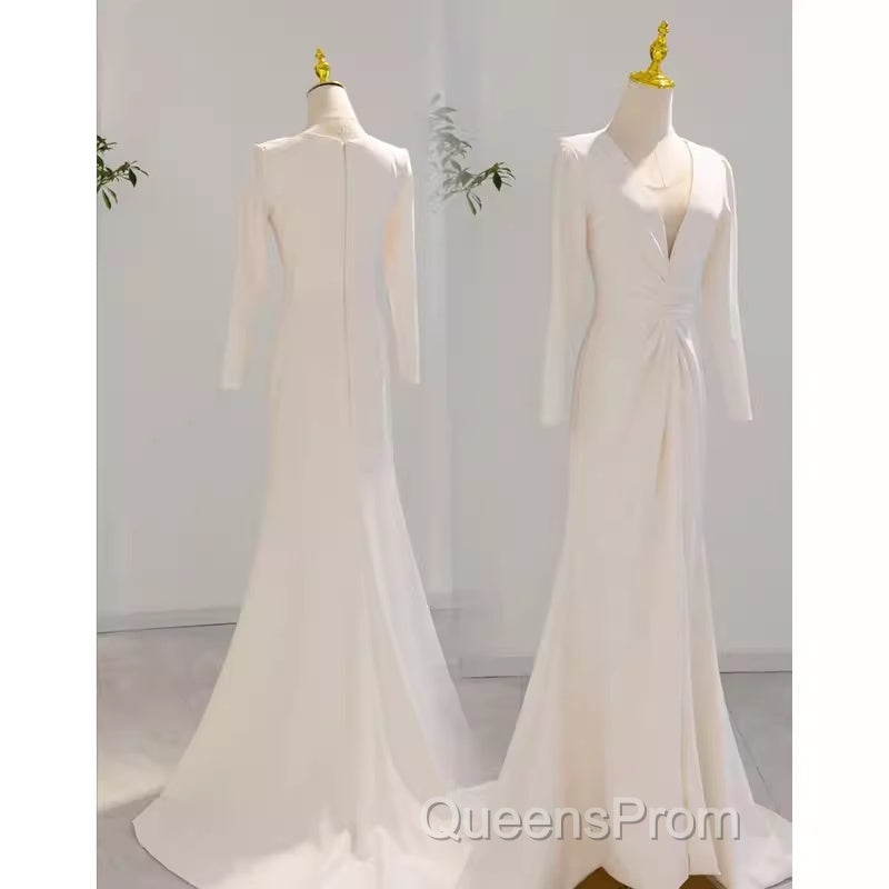 Sexy Mermaid Long Sleeves V Neckline Satin White Long Wedding Dress Brides Dress