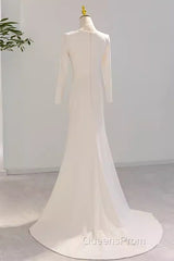 Sexy Mermaid Long Sleeves V Neckline Satin White Long Wedding Dress Brides Dress