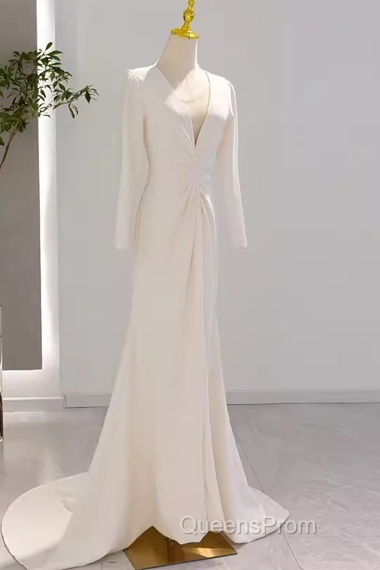 Sexy Mermaid Long Sleeves V Neckline Satin White Long Wedding Dress Brides Dress
