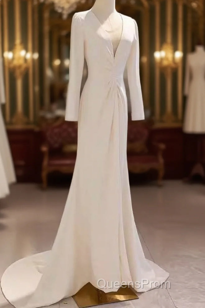 Sexy Mermaid Long Sleeves V Neckline Satin White Long Wedding Dress Brides Dress Main image