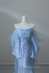 Sexy Mermaid Off The Shoulder Blue Sequin Long Evening Prom Dress Evening Gowns