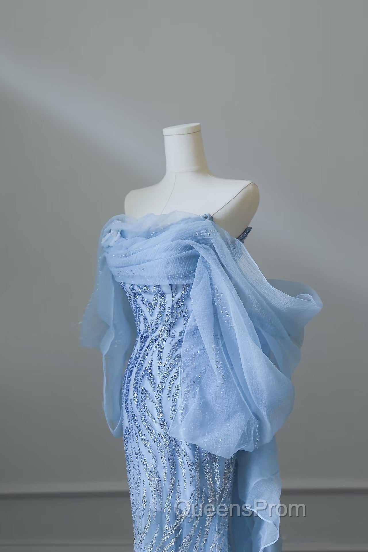 Sexy Mermaid Off The Shoulder Blue Sequin Long Evening Prom Dress Evening Gowns