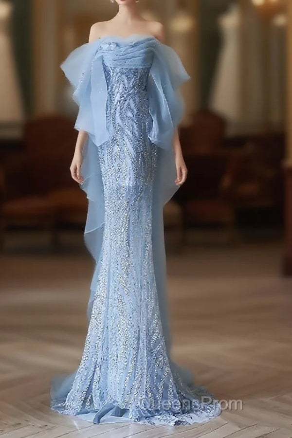 Sexy Mermaid Off The Shoulder Blue Sequin Long Evening Prom Dress Evening Gowns Main image