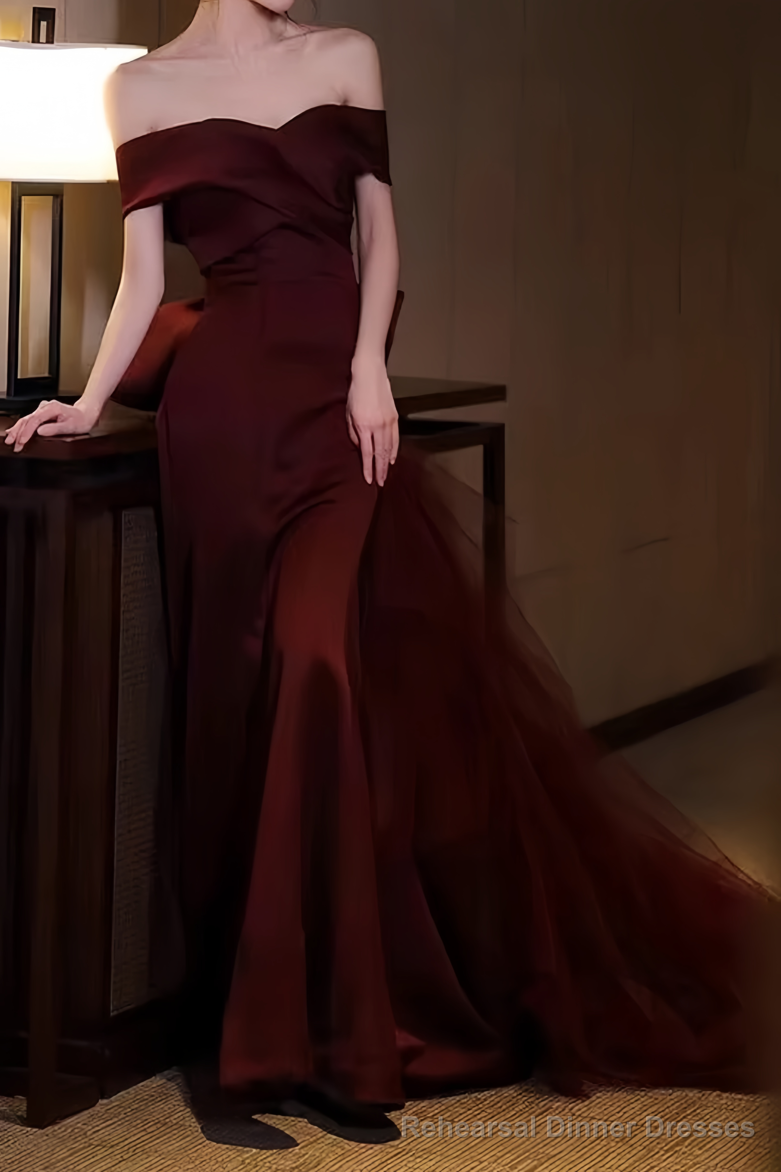 Sexy Mermaid Off The Shoulder Burgundy Tulle Floor Length Floral Prom Dresses Main image