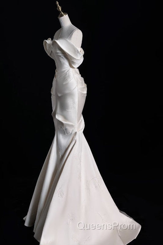 Sexy Mermaid Off The Shoulder Ivory Satin Long Wedding Dress Brides Dress
