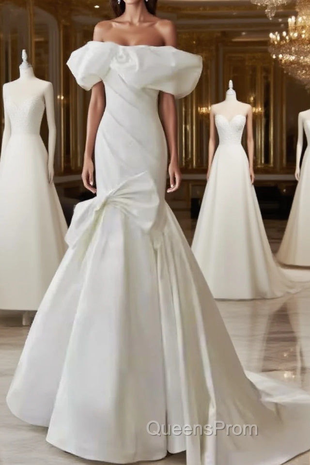 Sexy Mermaid Off The Shoulder Satin White Long Wedding Dress Brides Dress Main image