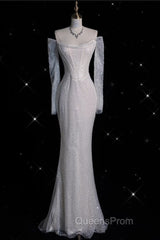 Sexy Mermaid Off The Shoulder White Sequin Long Sleeves Wedding Dress Brides Dress