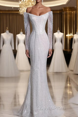 Sexy Mermaid Off The Shoulder White Sequin Long Sleeves Wedding Dress Brides Dress