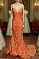 Sexy Mermaid Orange Satin Evening Prom Dress