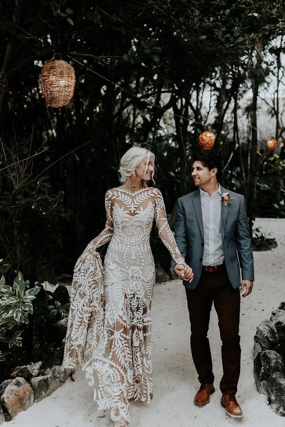 Sexy Mermaid Classy Prom Dress Boho Lace Long Sleeves Spring Wedding Dress Main image