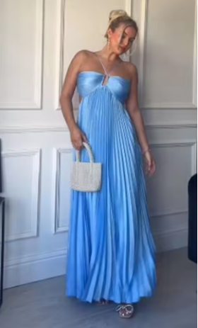 Sexy A Line Spaghetti Straps Blue Backless Classy Prom Dress Long Party Dress