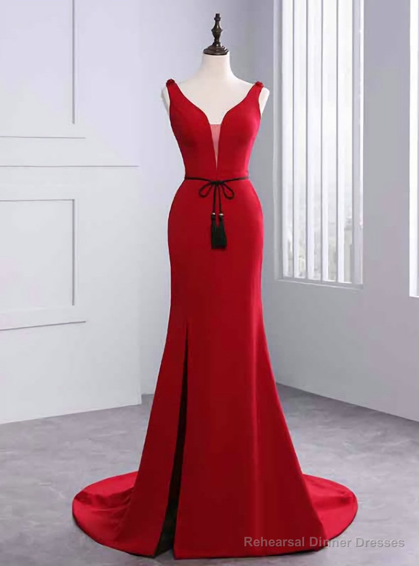 Sexy Mermaid Red Satin V-neck Backless Prom Dress With Sash Main image