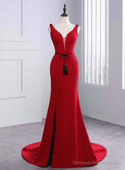 Sexy Mermaid Red Satin V-neck Backless Prom Dress With Sash