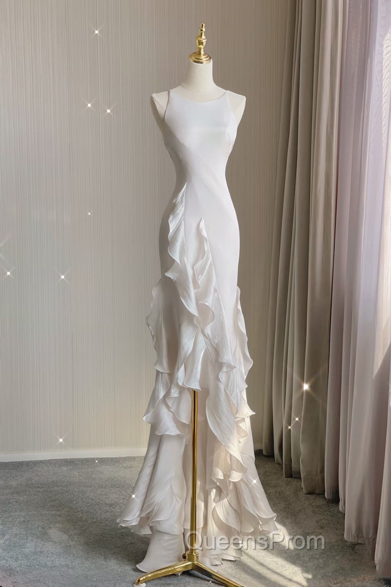 Sexy Mermaid Scoop Satin Night Party Dress White Long Evening Prom Dress Secondary image