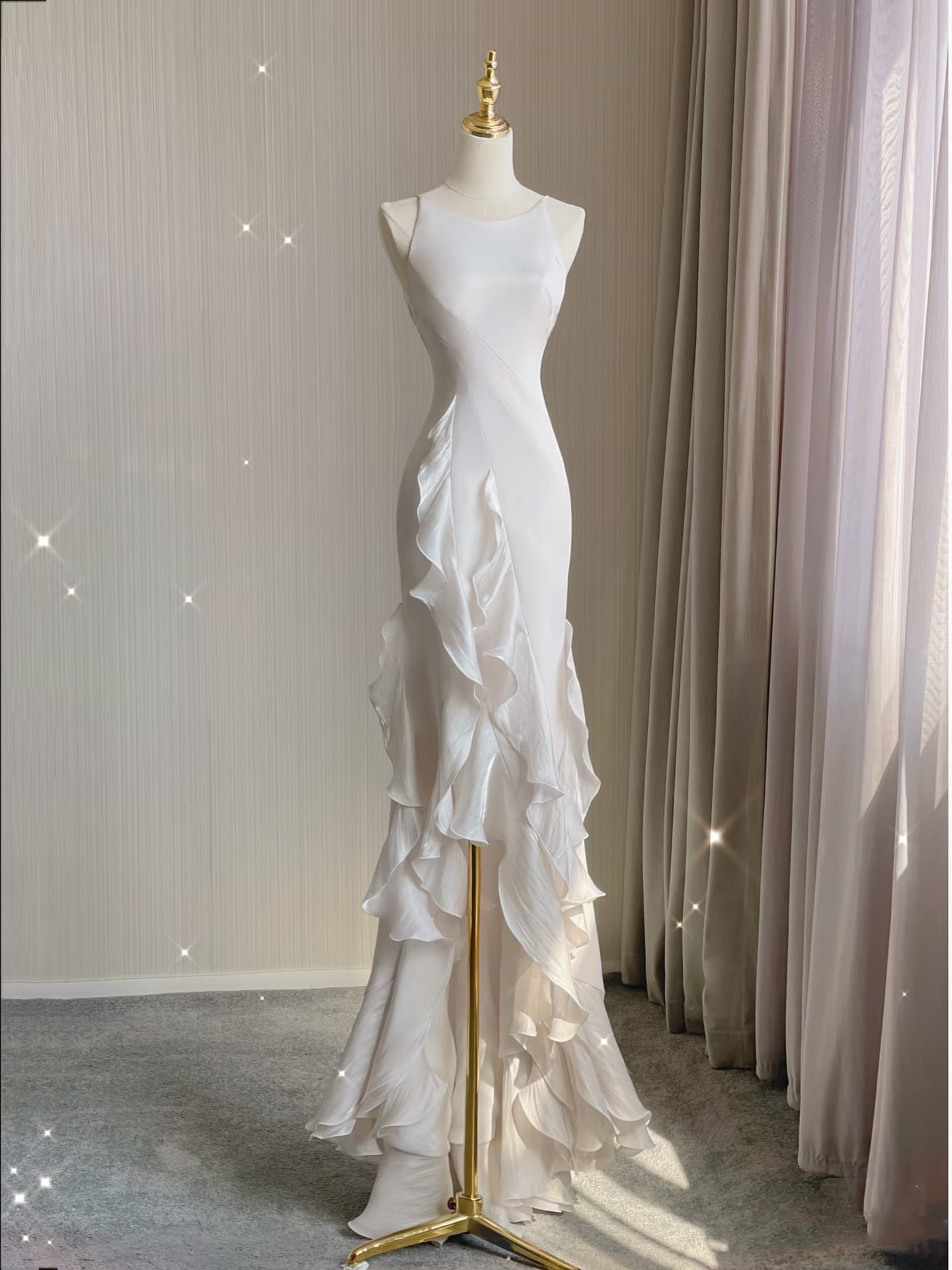 Sexy Mermaid Scoop Satin Night Party Dress White Long Classy Prom Dress