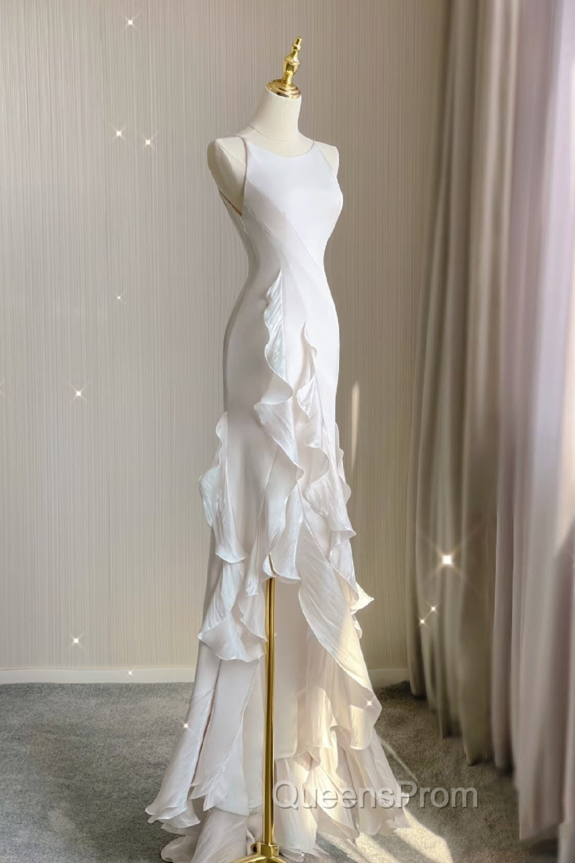 Sexy Mermaid Scoop Satin Night Party Dress White Long Evening Prom Dress
