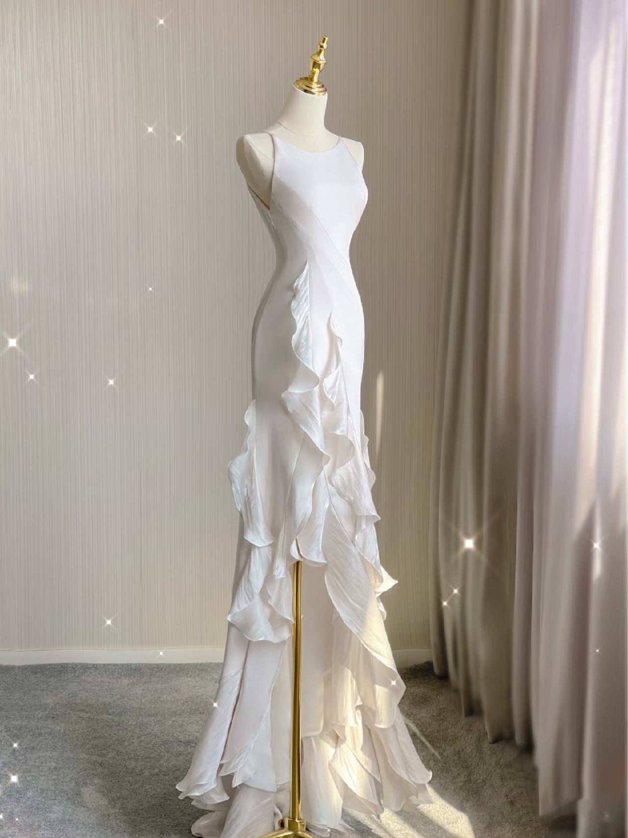 Sexy Mermaid Scoop Satin Night Party Dress White Long Classy Prom Dress