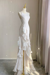 Sexy Mermaid Scoop Satin Night Party Dress White Long Evening Prom Dress